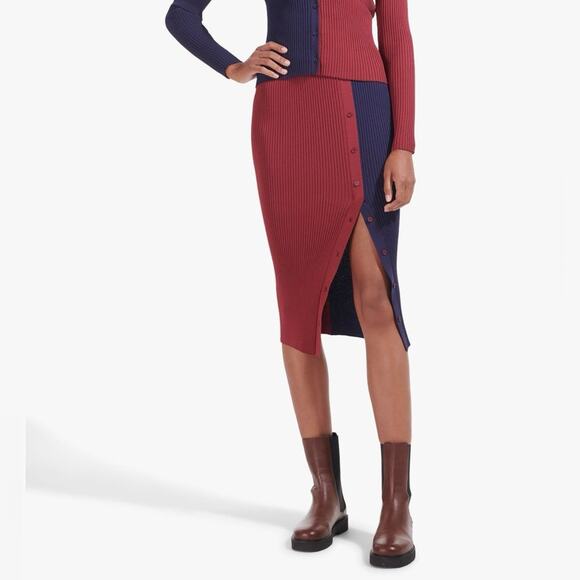 Staud Women’s Elms Color Block Two Tone Navy Bordeaux Knit Button Midi Skirt S - Picture 1 of 11
